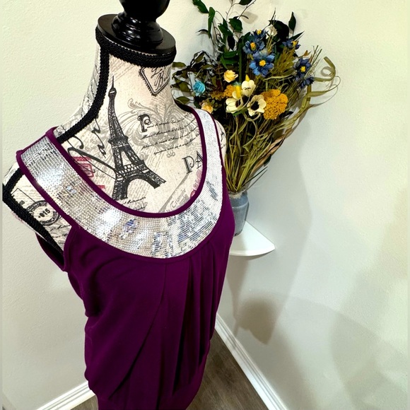 Studio Y Rich Purple Top Silver Sequenced Neckline size Medium - Picture 2 of 10